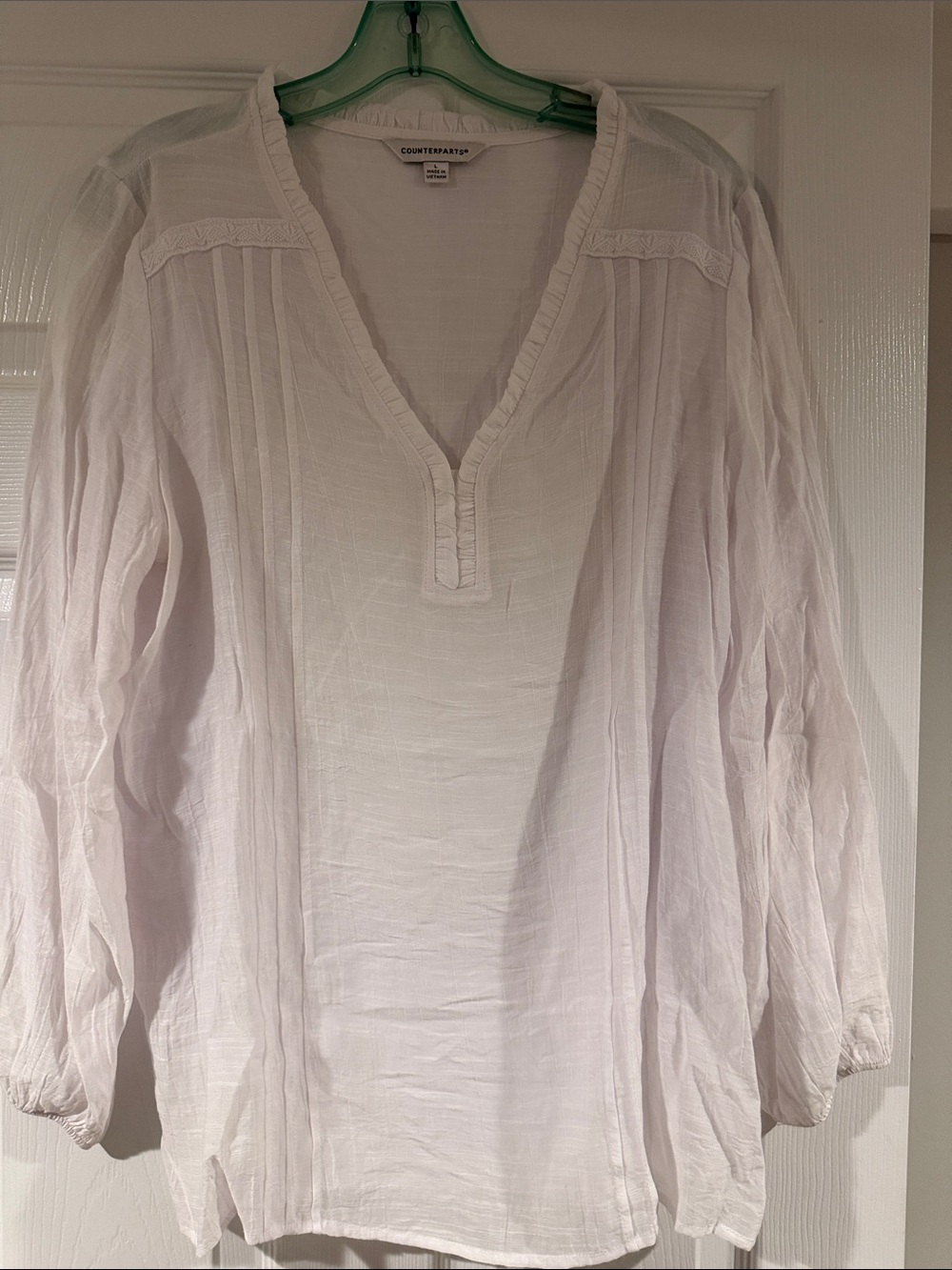 Counterparts White Gauze Split V-Neck Tunic Top LG